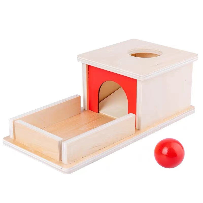 montessori object permanence box with tray and ball