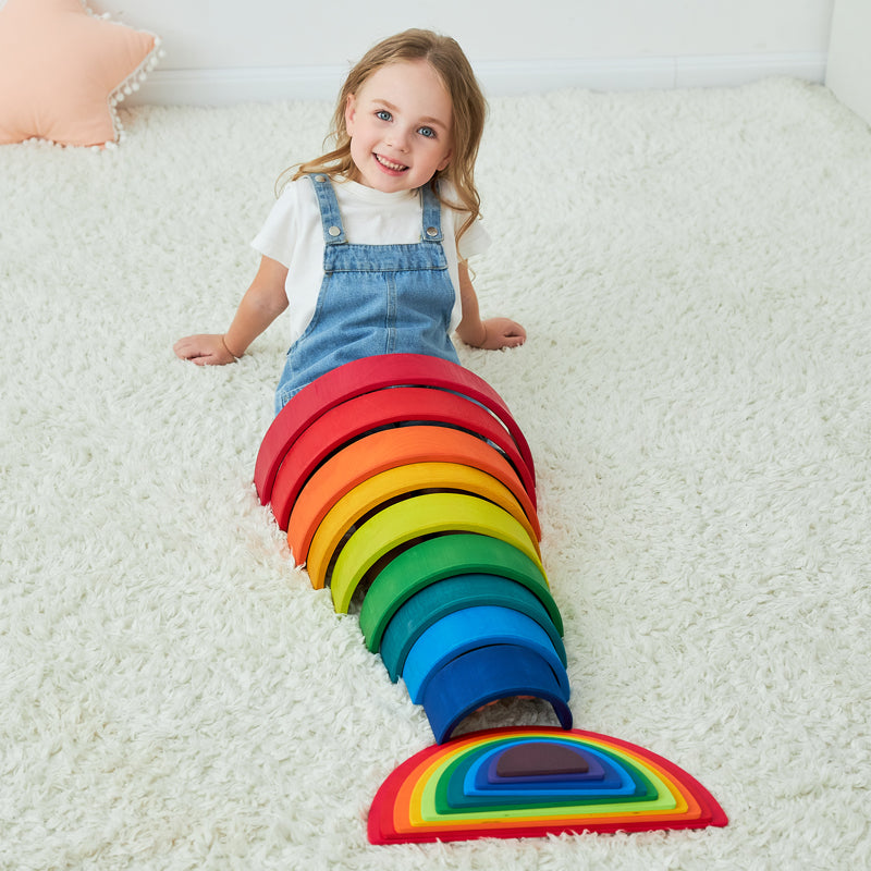 12 pcs large wooden rainbow stacking blocks in primary colors