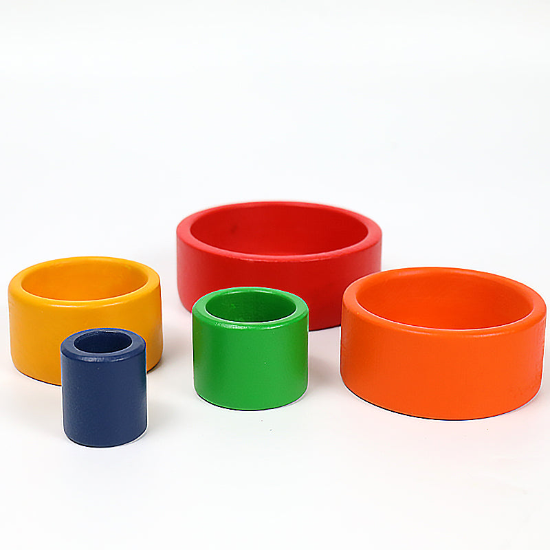 5 pcs wooden stacking nesting cup bowl set in primary rainbow color
