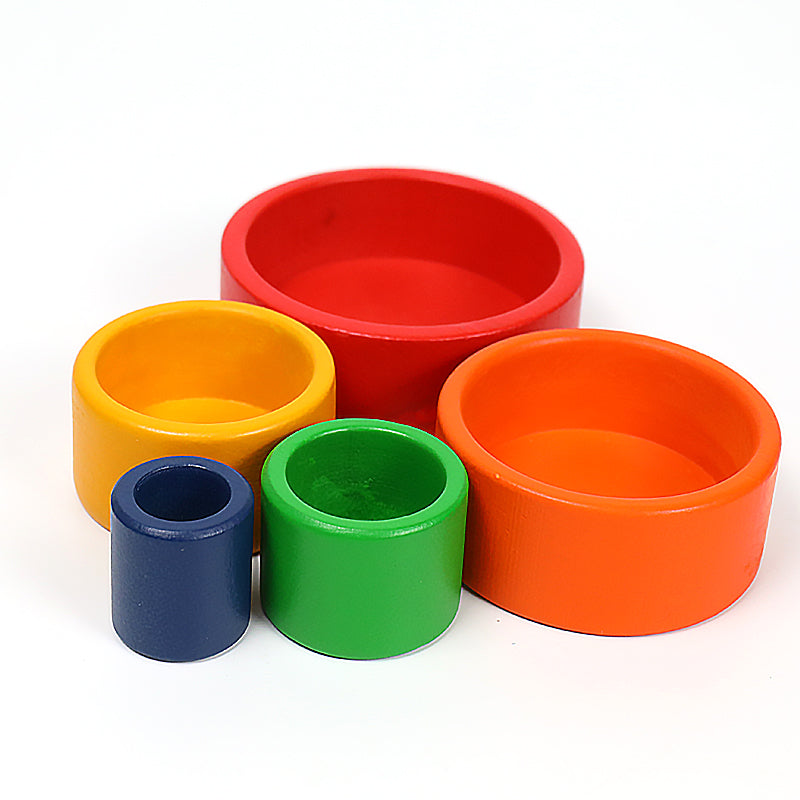 5 pcs wooden stacking nesting cup bowl set in primary rainbow color