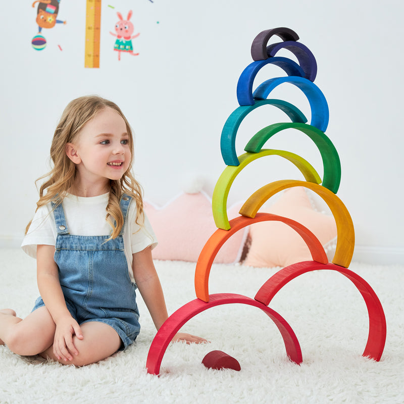 12 pcs large wooden rainbow stacking blocks in primary colors