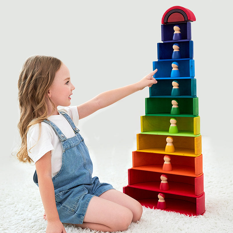 12 pcs large wooden rainbow stacking blocks in primary colors