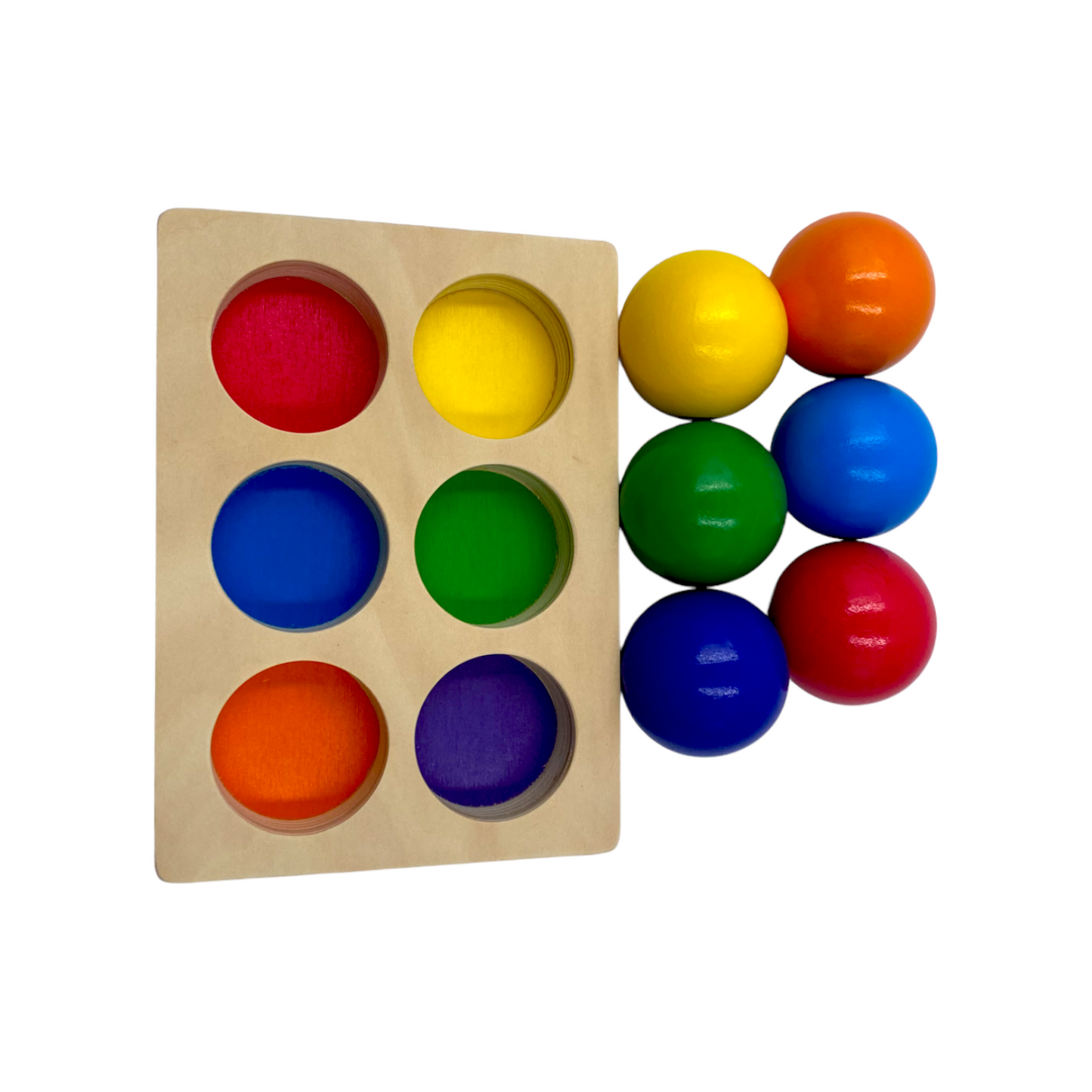 6 pcs rainbow wooden balls with tray in primary colors diameter 1.8 inches