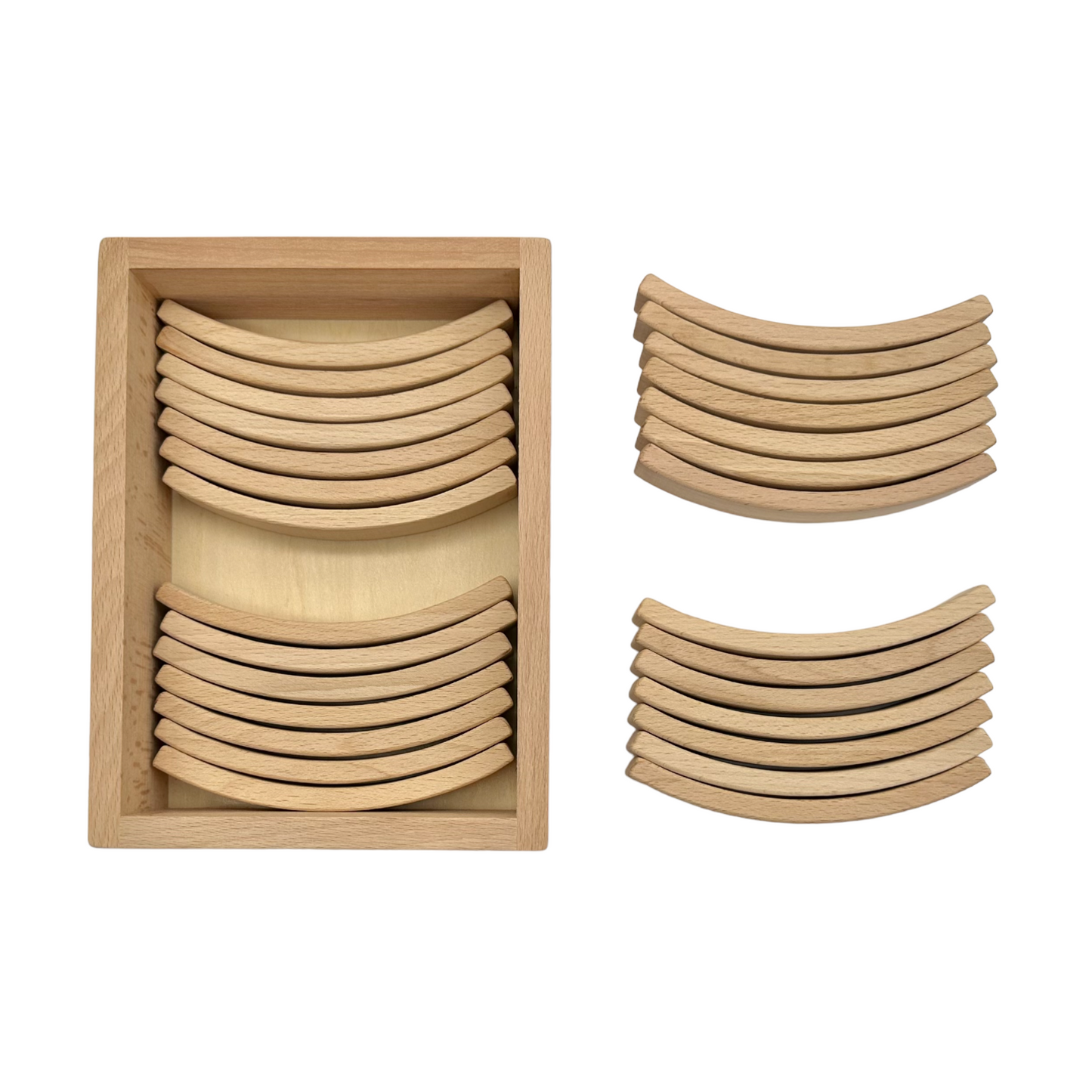 **pre-order (ships in 2-3 weeks)**28 pcs mini curved natural wooden building blocks with storage tray