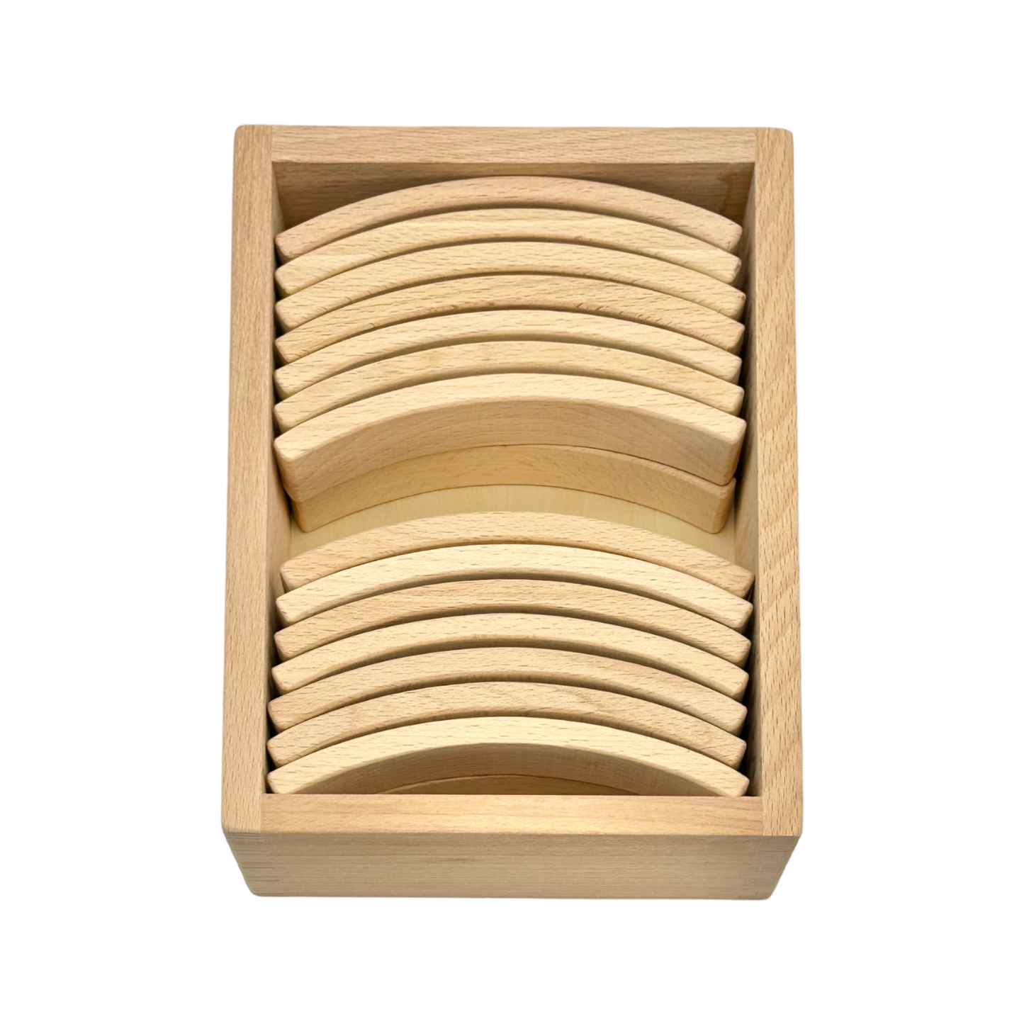 **pre-order (ships in 2-3 weeks)**28 pcs mini curved natural wooden building blocks with storage tray