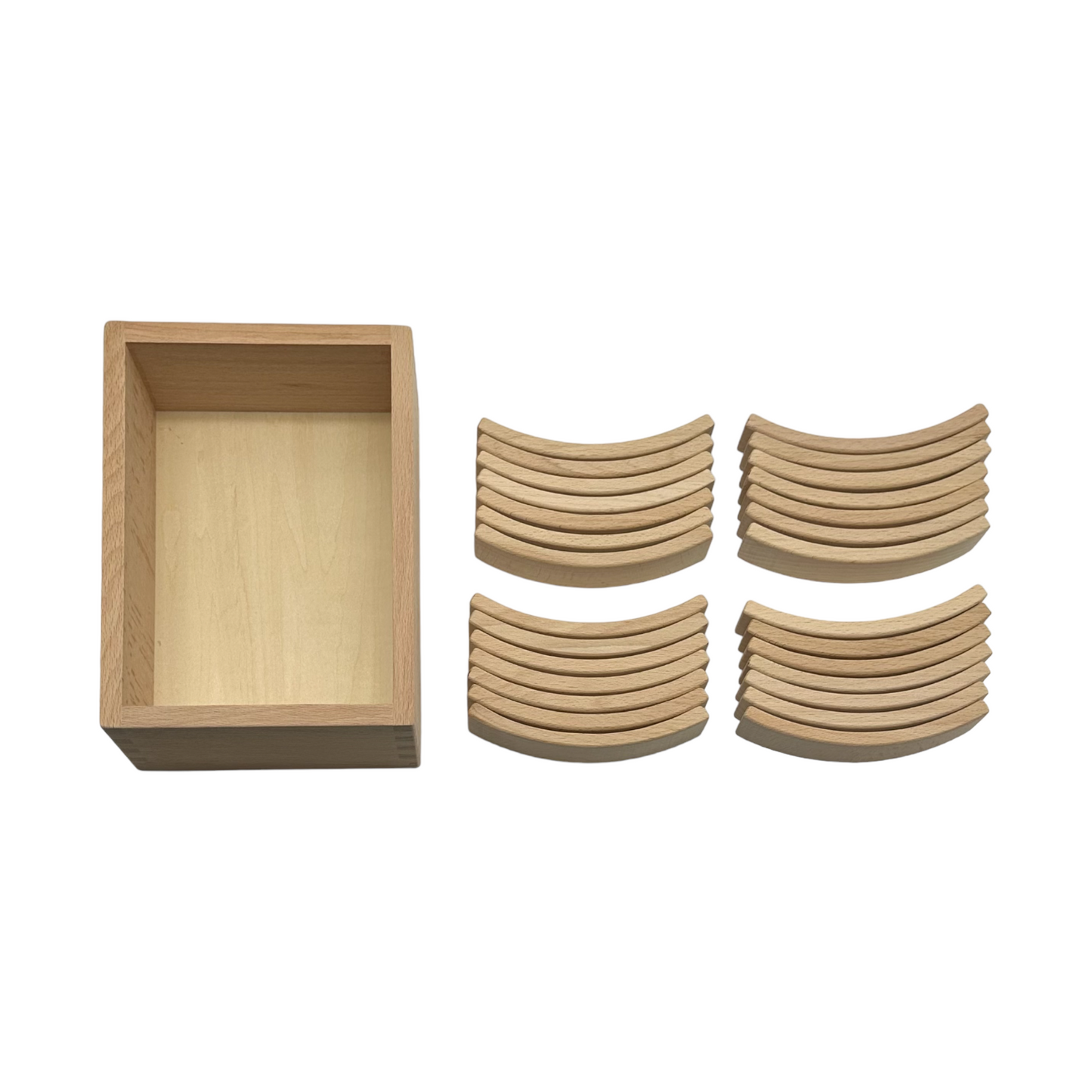 **pre-order (ships in 2-3 weeks)**28 pcs mini curved natural wooden building blocks with storage tray
