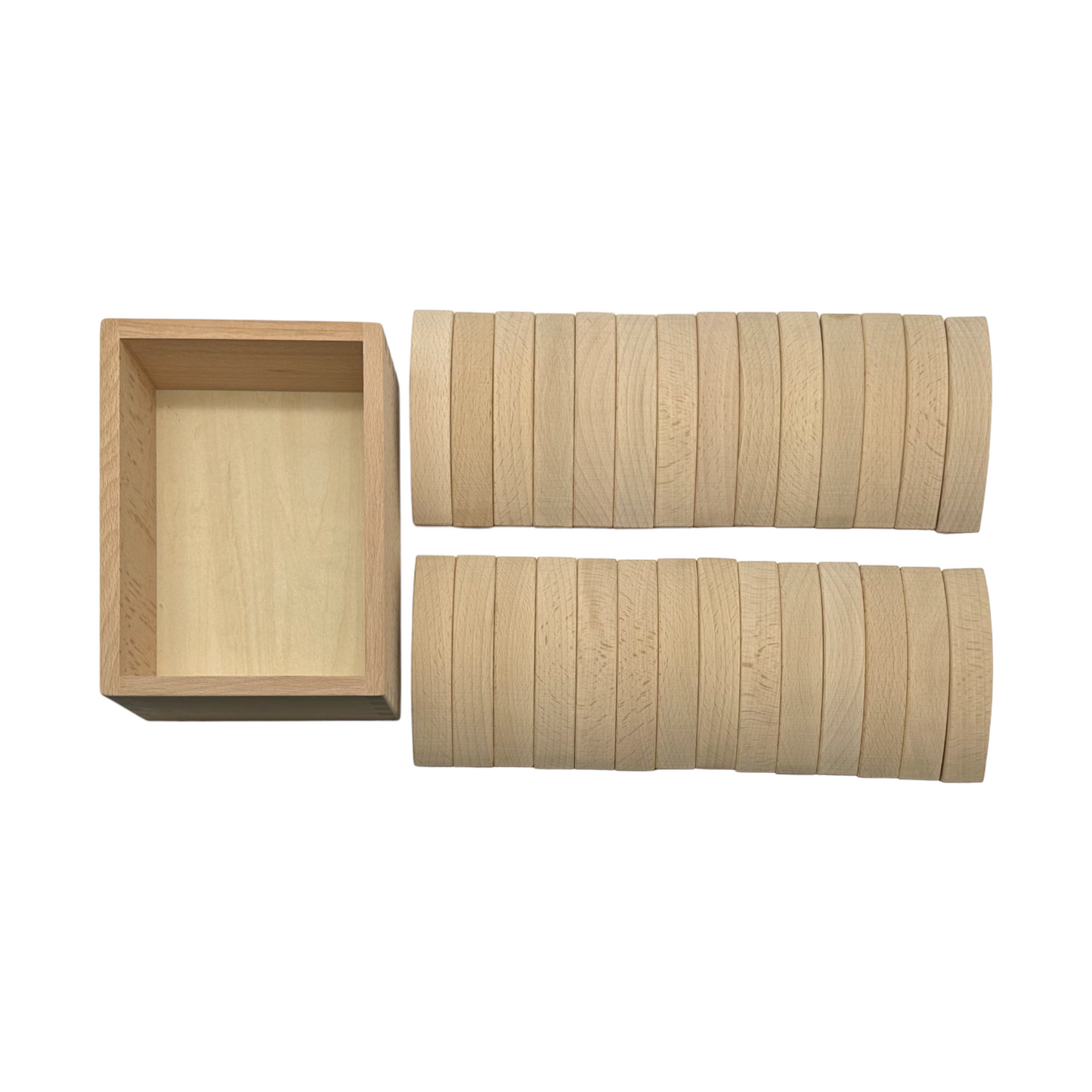**pre-order (ships in 2-3 weeks)**28 pcs mini curved natural wooden building blocks with storage tray