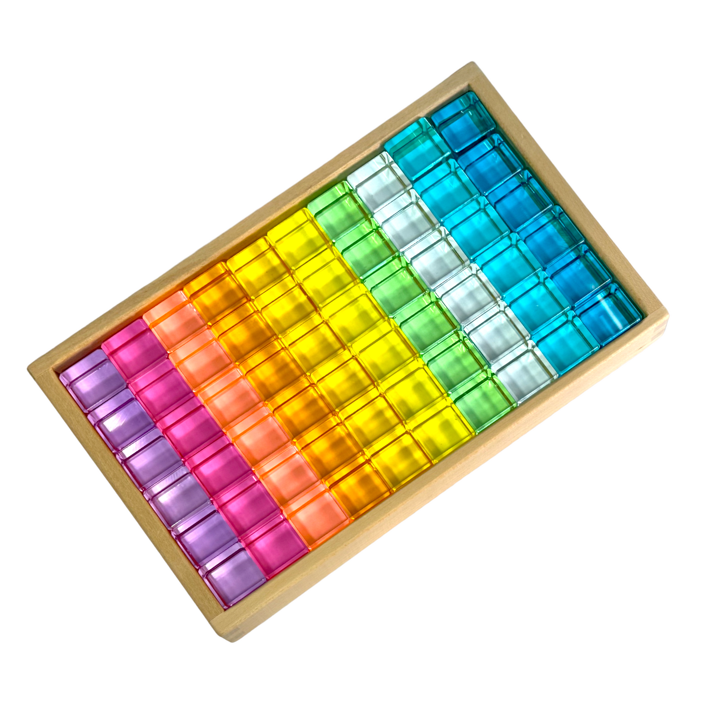 60 pcs crystal clear high transparency lucite cubes set with wooden tray – rainbow or pastel colors