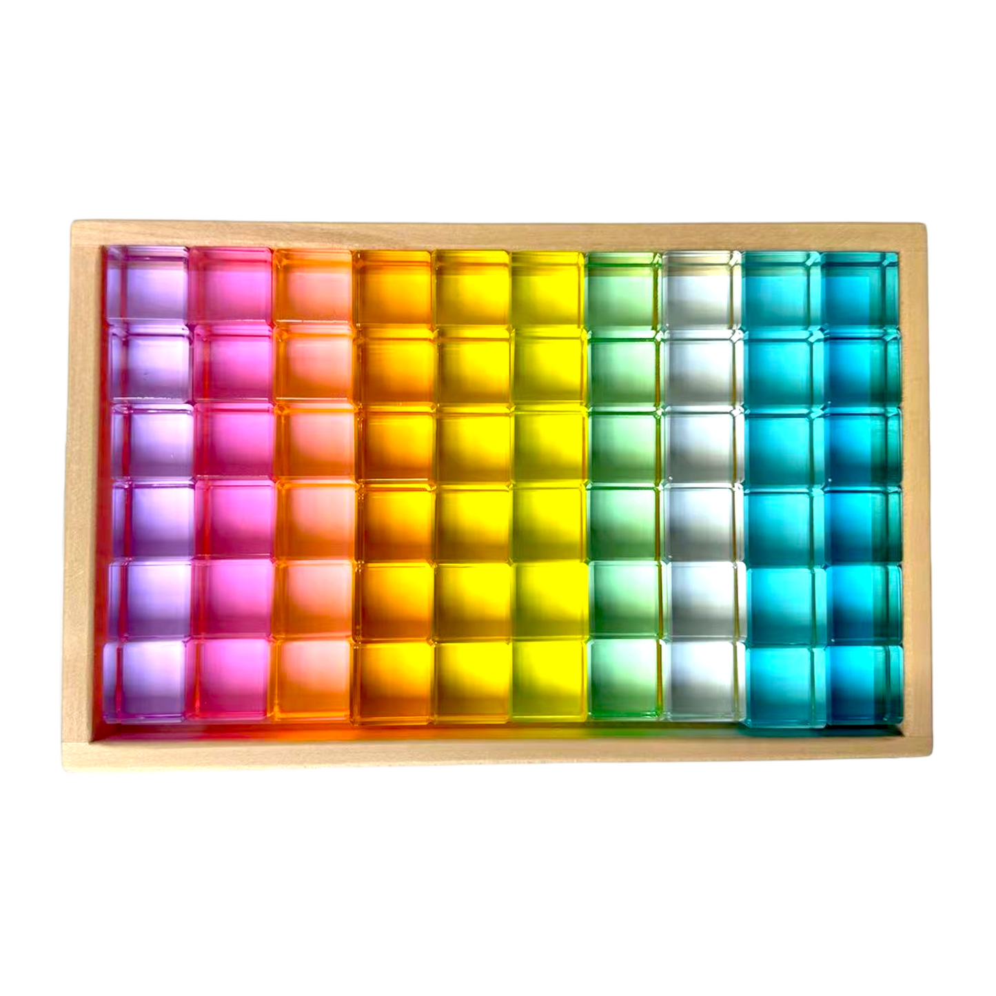 60 pcs crystal clear high transparency lucite cubes set with wooden tray – rainbow or pastel colors