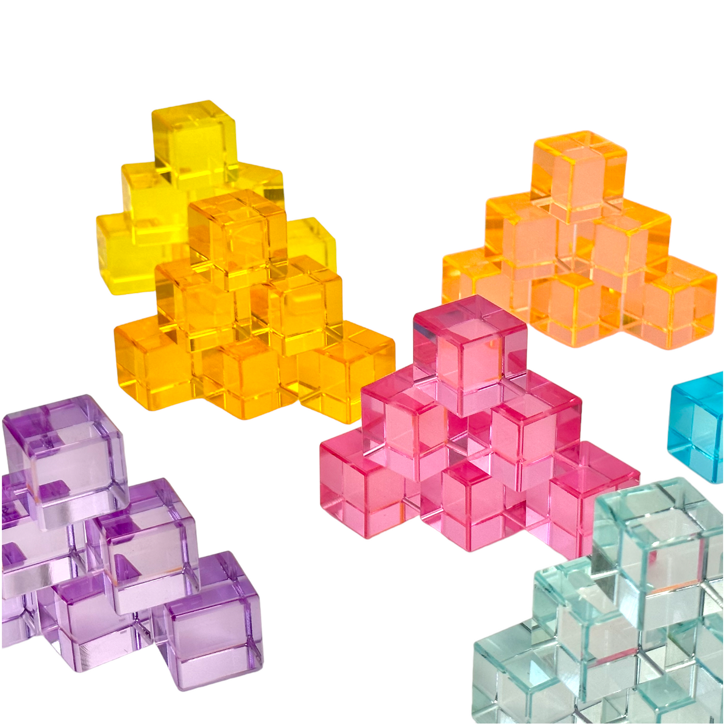 60 pcs crystal clear high transparency lucite cubes set with wooden tray – rainbow or pastel colors