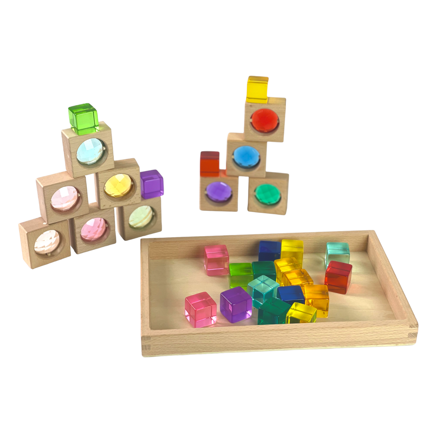 10 pcs square gemmed translucent blocks and 20 pcs lucite cubes set with storage tray