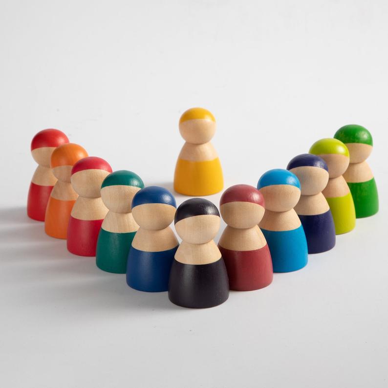 12 Pcs Rainbow Wooden Peg Dolls in Primary Colors