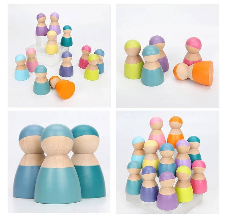 12-piece wooden peg dolls – pastel/macaron colors
