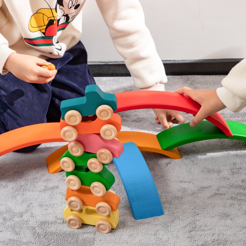 7 pcs colored wooden rainbow cars set with 3 pcs peg dolls