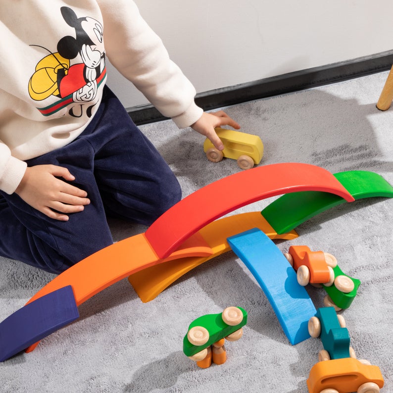 7 pcs colored wooden rainbow cars set with 3 pcs peg dolls