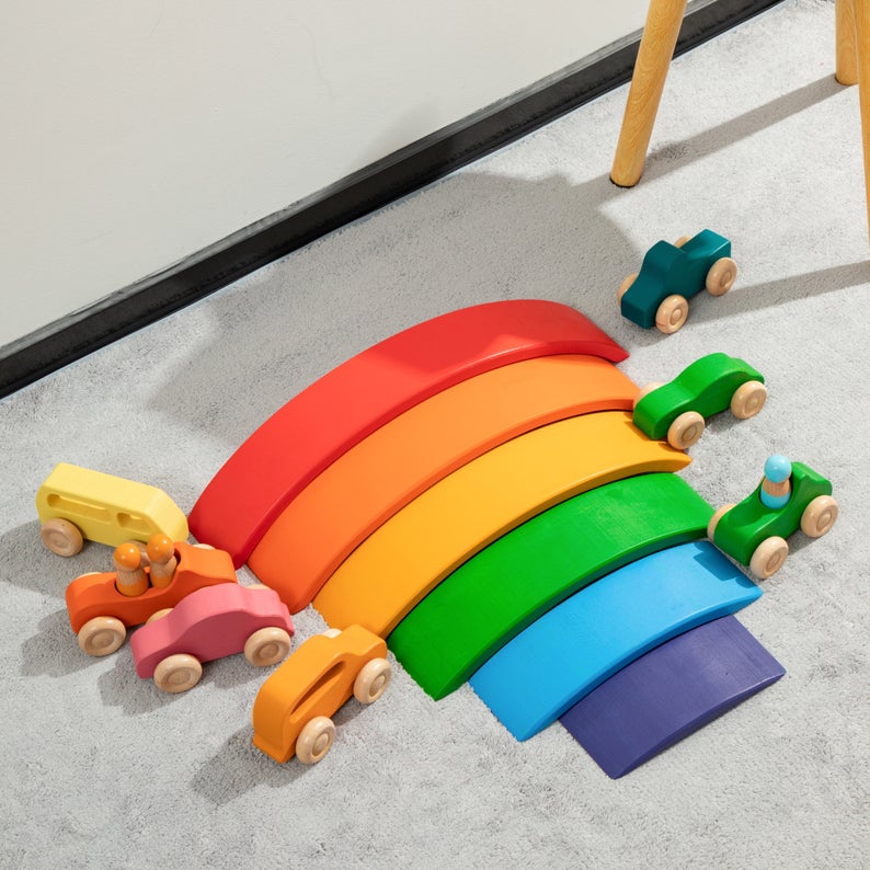 7 Pcs Colored Wooden Rainbow Cars Set with 3 pcs Peg Dolls