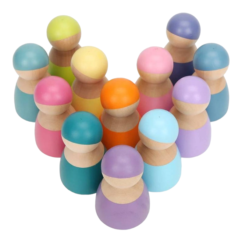 12-piece wooden peg dolls – pastel/macaron colors