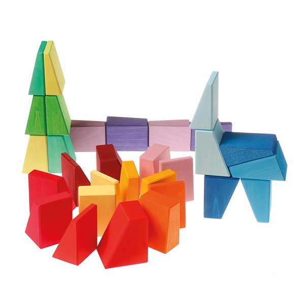 **pre-order (ships in 2-3 weeks)**30 pcs stained wooden sloping blocks in primary rainbow colors with storage tray