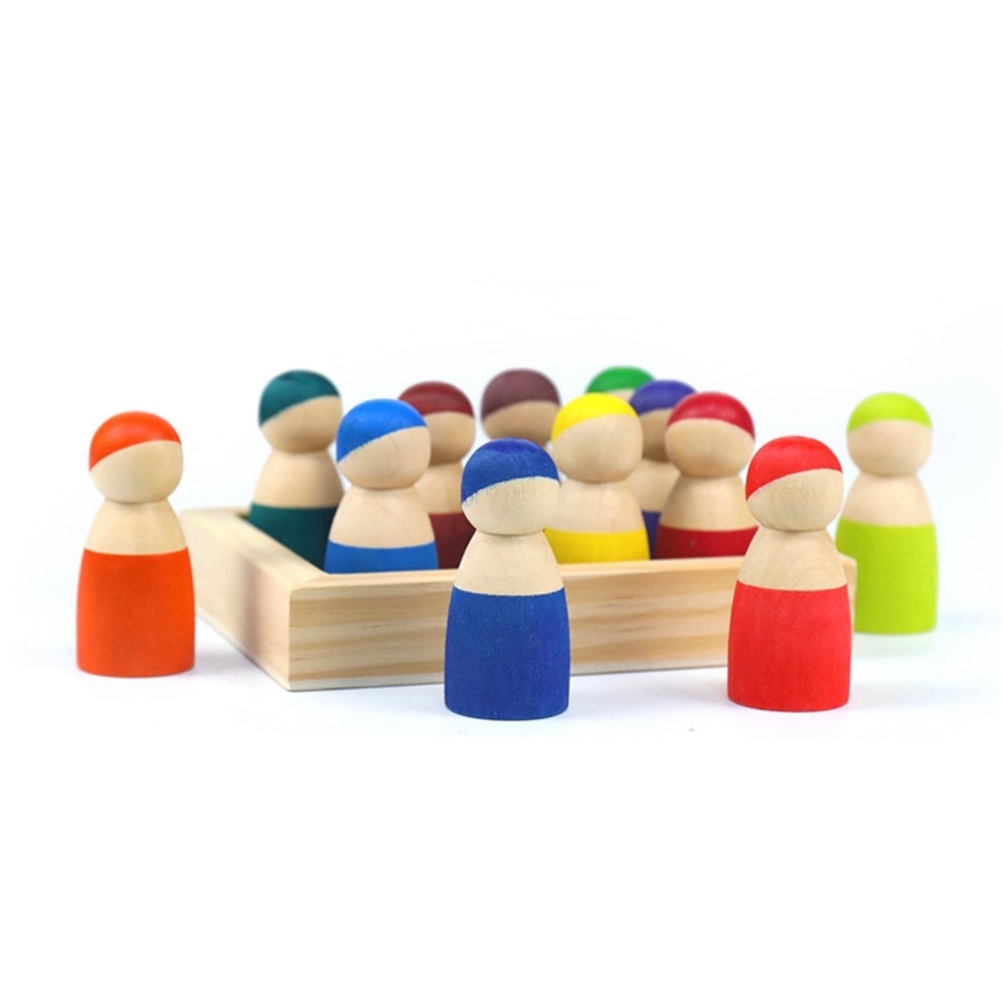 12-piece little peg doll set with tray — primary colors