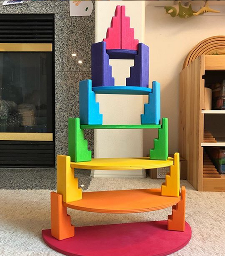 **pre-order (ships in 1-2 weeks)**12-piece stained stepped roof building block set — primary rainbow colors