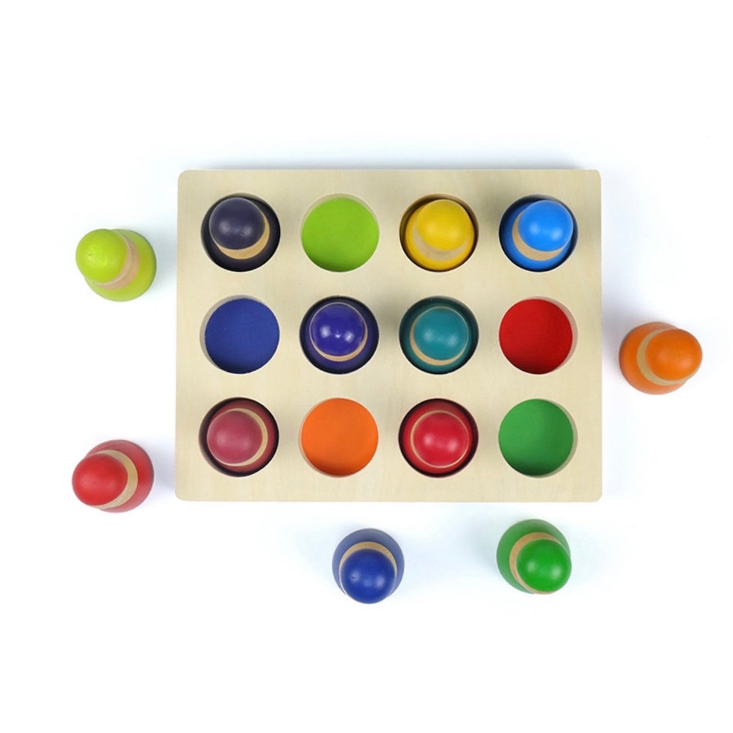 12 pcs rainbow peg doll people with tray in primary colors