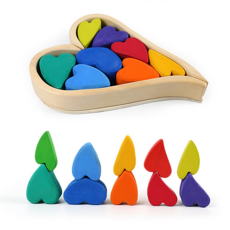 10-piece stained wooden rainbow heart stacking puzzle blocks