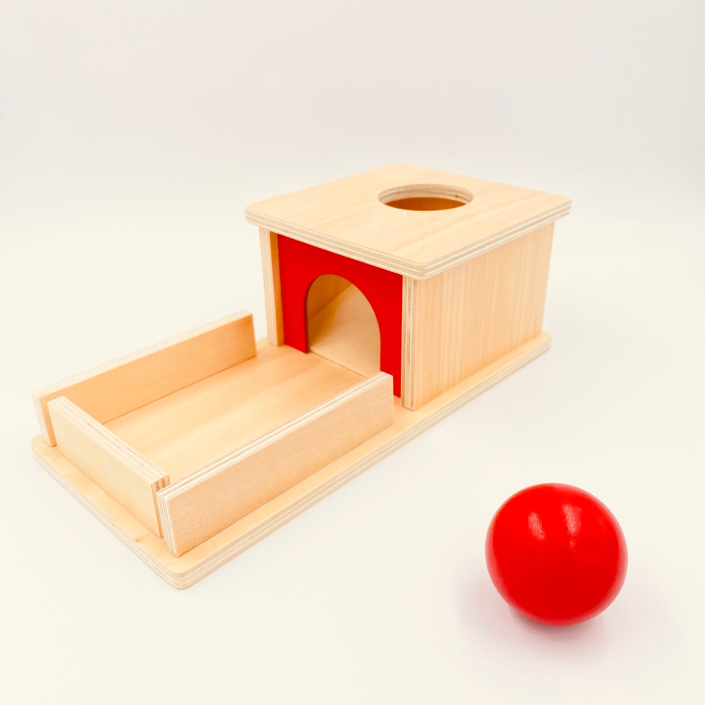 montessori object permanence box with tray and ball