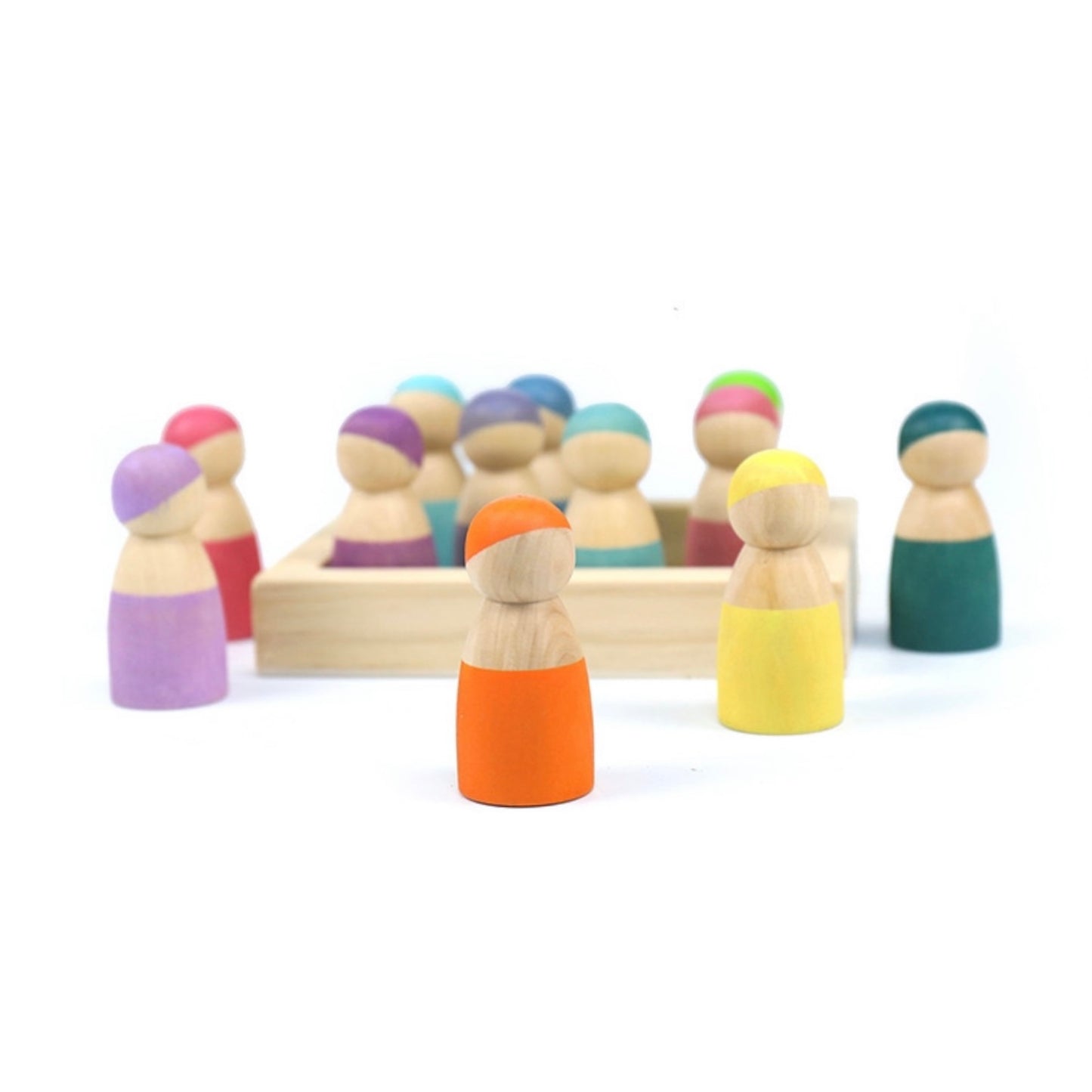 12-piece little peg doll set with tray — pastel colors
