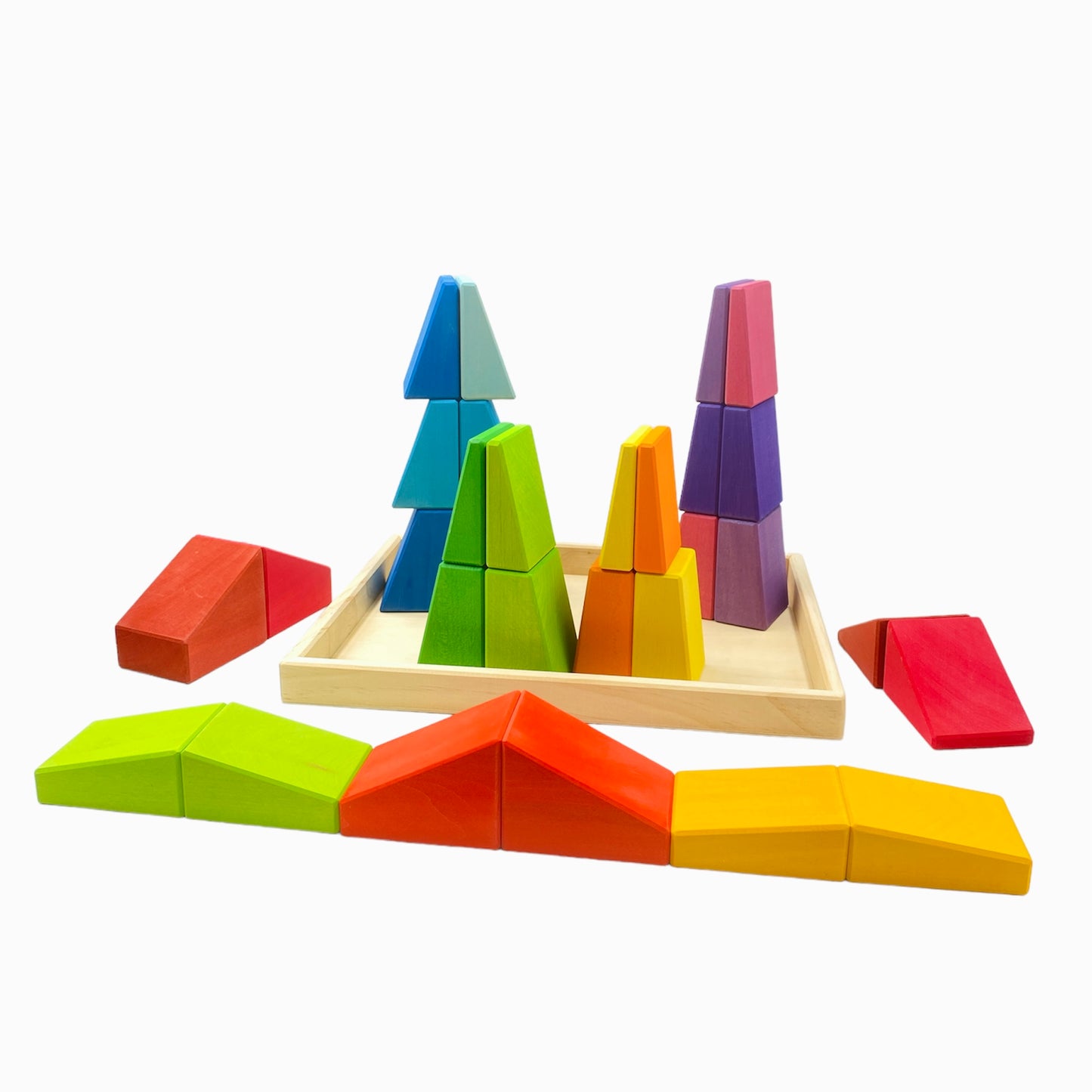 **pre-order (ships in 2-3 weeks)**30 pcs stained wooden sloping blocks in primary rainbow colors with storage tray