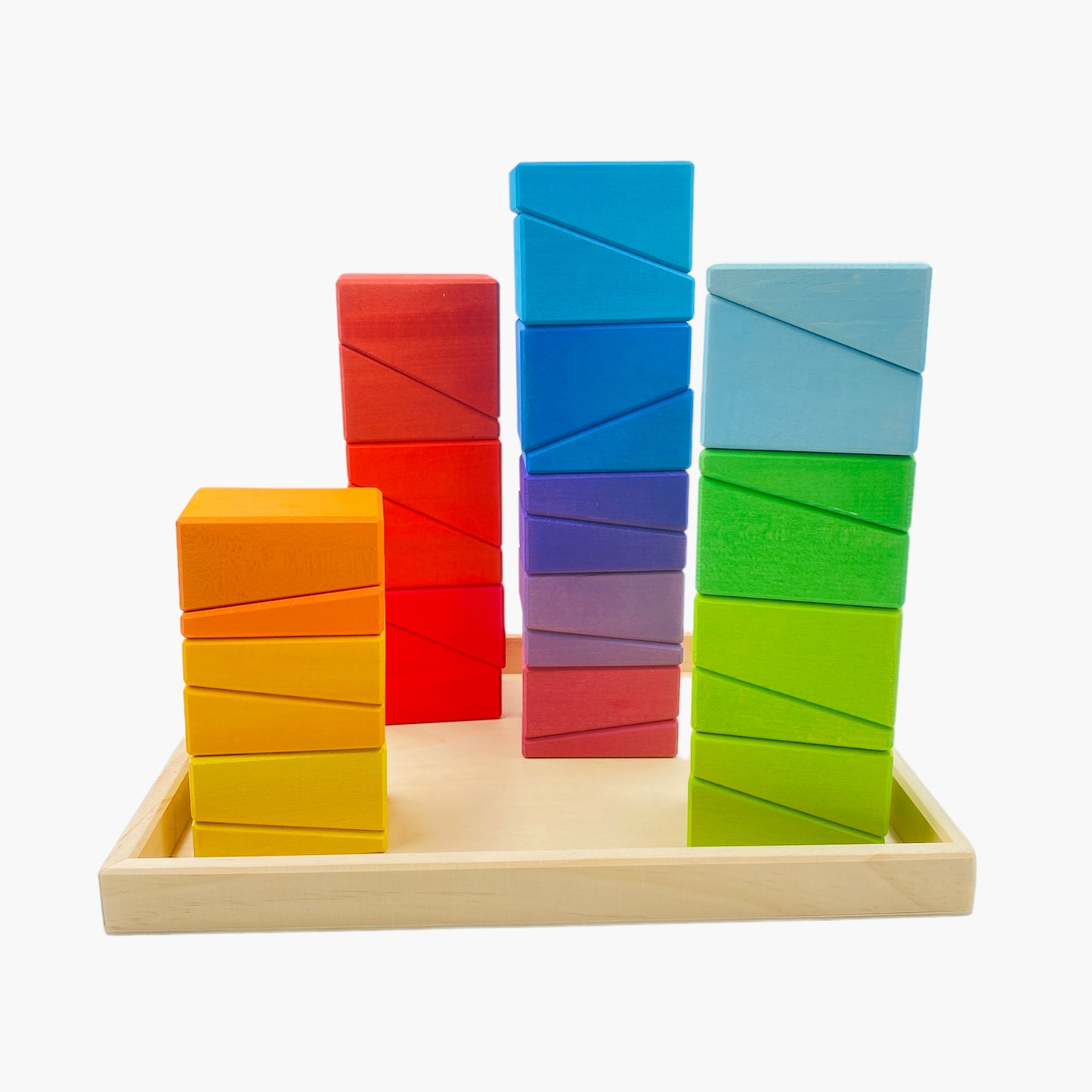 **pre-order (ships in 2-3 weeks)**30 pcs stained wooden sloping blocks in primary rainbow colors with storage tray