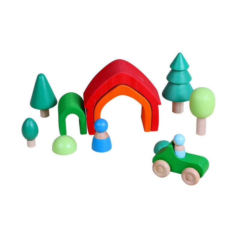 7 pcs colored wooden rainbow cars set with 3 pcs peg dolls