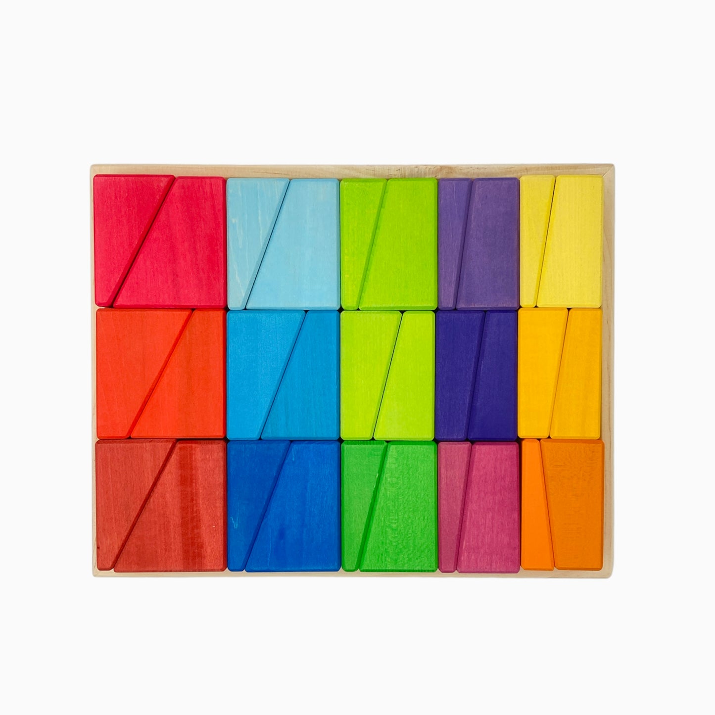 **pre-order (ships in 2-3 weeks)**30 pcs stained wooden sloping blocks in primary rainbow colors with storage tray