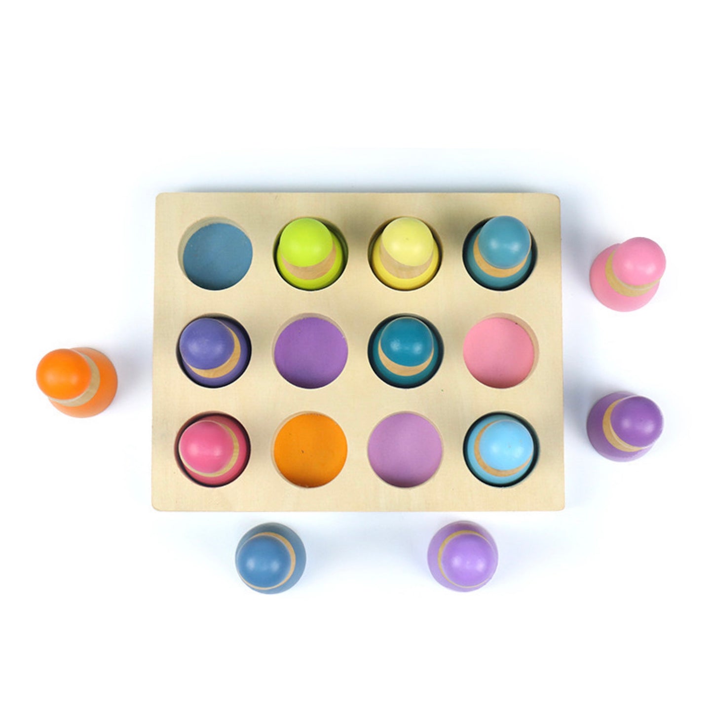 12 pcs rainbow peg doll people with tray in pastel/macaron colors