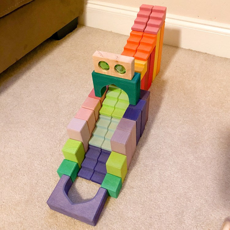 12-piece stained stepped roof building block set — pastel / macaron colors