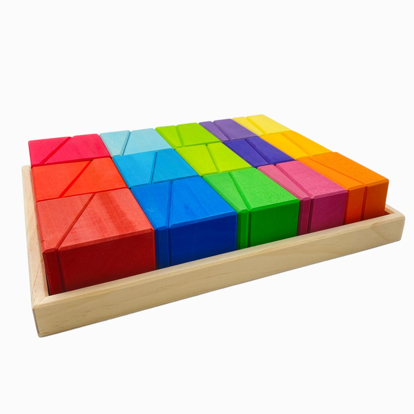 **pre-order (ships in 2-3 weeks)**30 pcs stained wooden sloping blocks in primary rainbow colors with storage tray