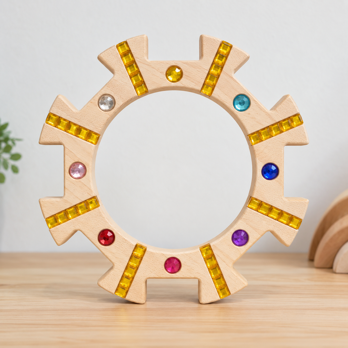 wooden gem sun wreath building ring – beech wood double-sided gem building toy with 8 slots