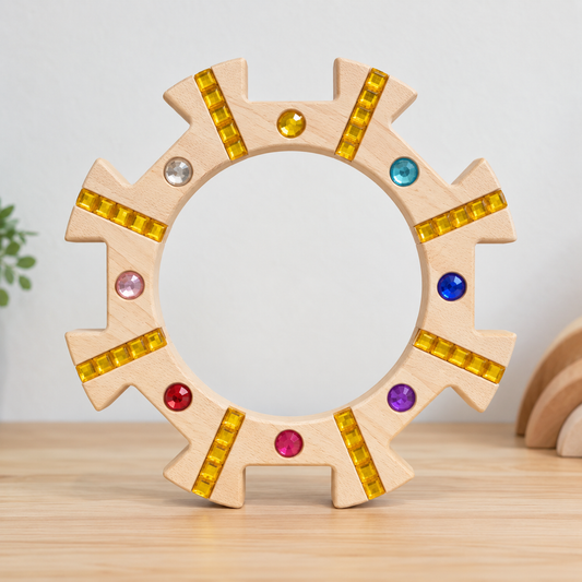 Wooden Gem Sun Wreath Building Ring – Beech Wood Double-Sided Gem Building Toy with 8 Slots