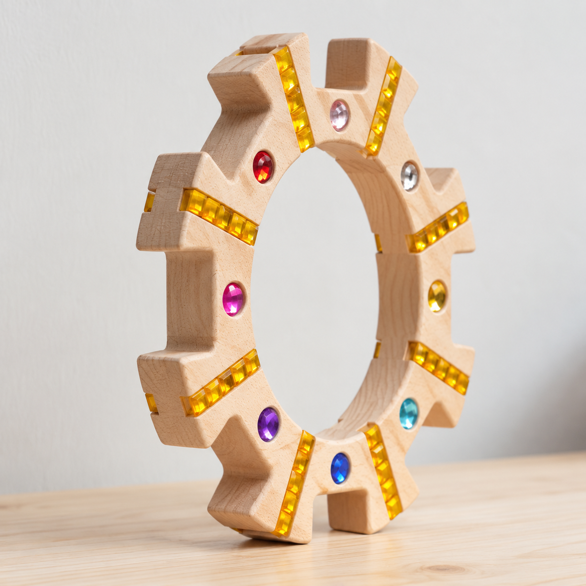 wooden gem sun wreath building ring – beech wood double-sided gem building toy with 8 slots