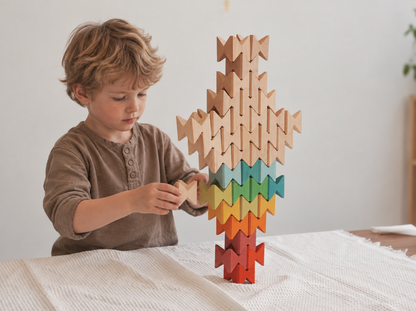 16-Piece Wooden Geometric Construction Puzzle & Building Blocks with Storage Tray – Rainbow Stained or Natural