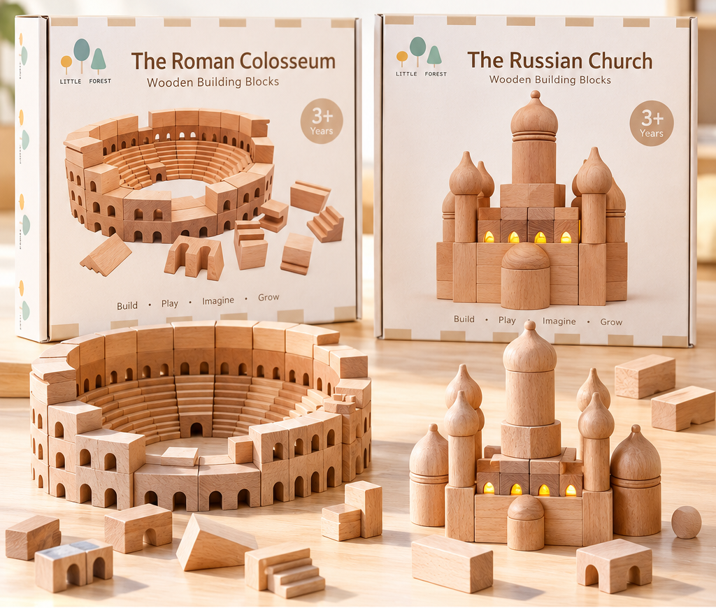 architectural wooden building blocks – roman colosseum & russian church natural beech wood building sets