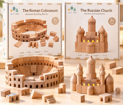 Architectural Wooden Building Blocks – Roman Colosseum & Russian Church Natural Beech Wood Building Sets