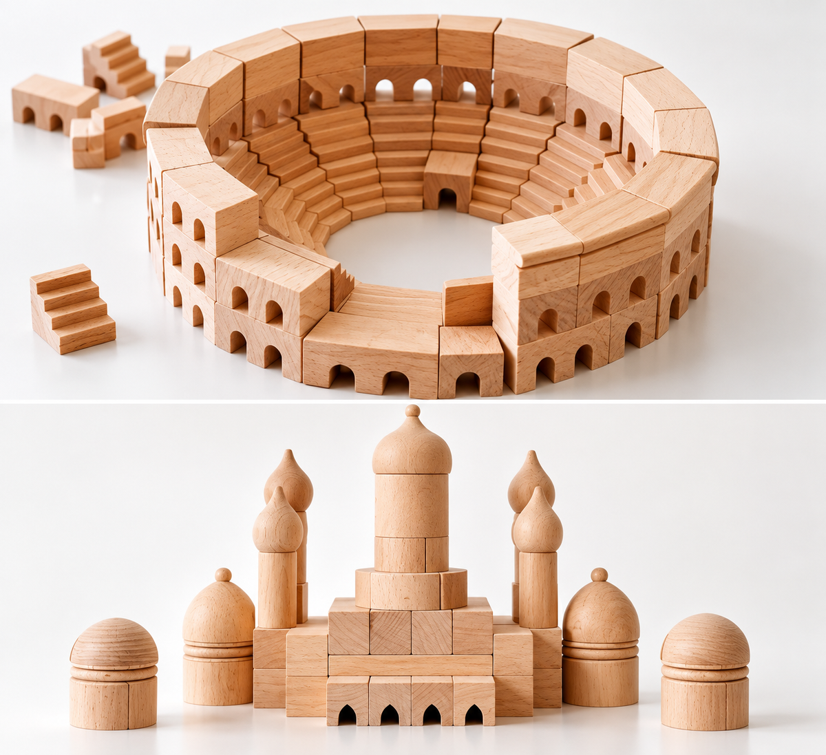 architectural wooden building blocks – roman colosseum & russian church natural beech wood building sets