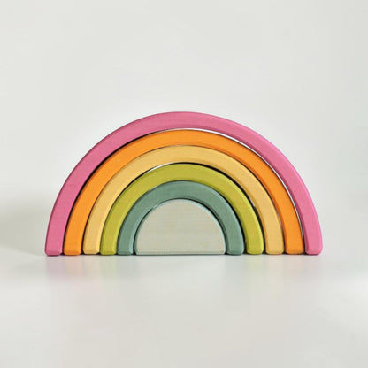 **Pre-Order (Ships in 2–3 Weeks)**6-Piece Small Stained Basswood (Linden Wood) Rainbow Stacker | Classic Rainbow & Pastel