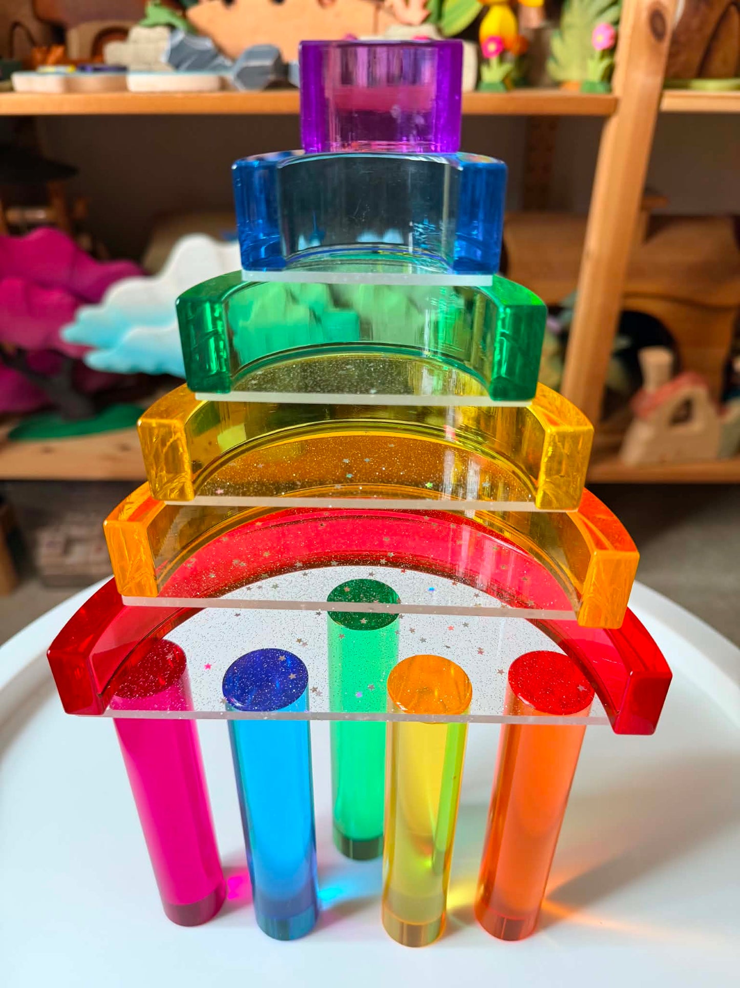 5-piece glitter clear acrylic semi-circle stacking set | transparent building platforms for 6-piece acrylic rainbow
