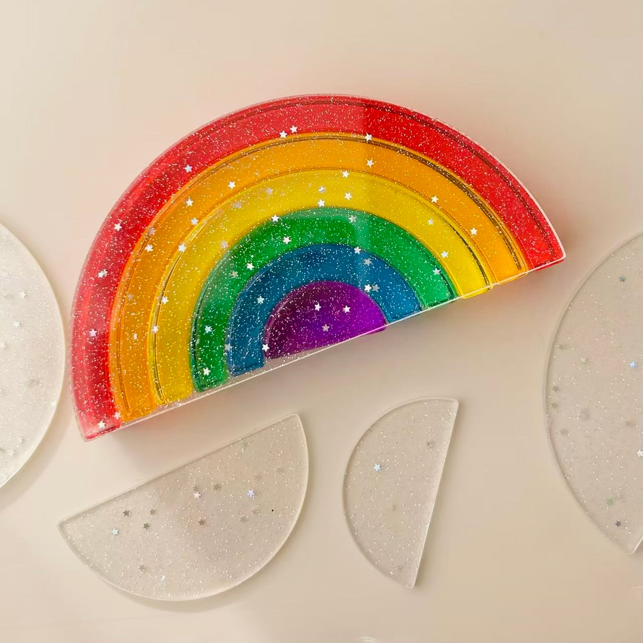 5-piece glitter clear acrylic semi-circle stacking set | transparent building platforms for 6-piece acrylic rainbow