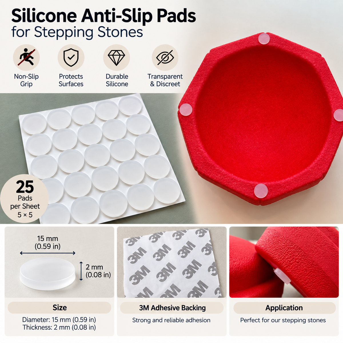 25-piece silicone anti-slip pads for stepping stones – self-adhesive clear non-slip grips
