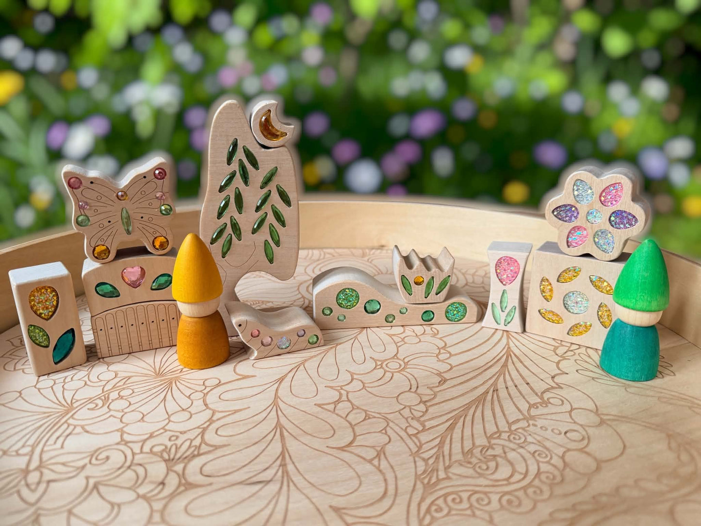 seasonal gem building blocks set | solid beech wood & acrylic sensory blocks with wooden storage box