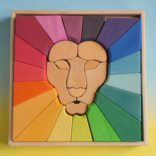 **Pre-order (Ships in 2-3 Weeks)**27-Piece Handmade Stained Basswood Rainbow Lion Puzzle | Montessori Waldorf Wooden Animal Puzzle | Open-Ended Stacking & Building Toy