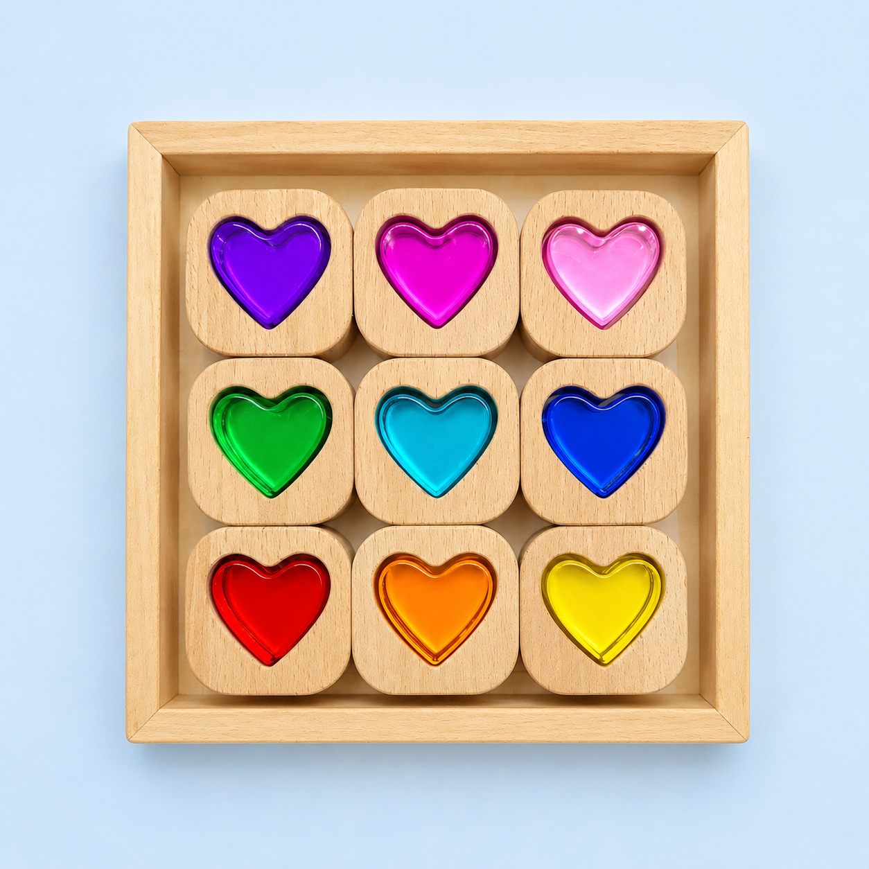 18-piece beech wood shape blocks with crystal clear acrylic inserts | heart or star