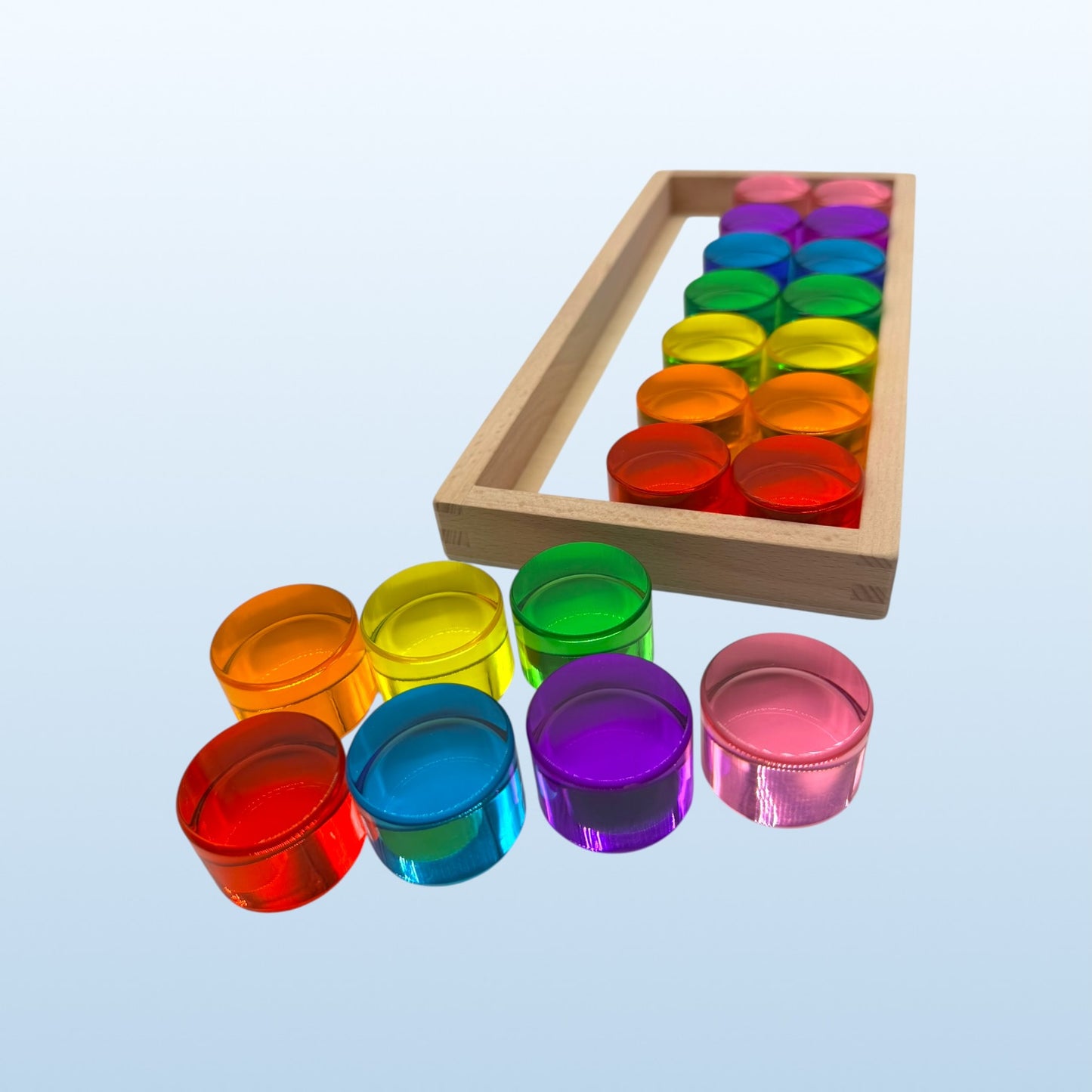 21-piece jumbo crystal clear acrylic rainbow cylinders with wooden tray
